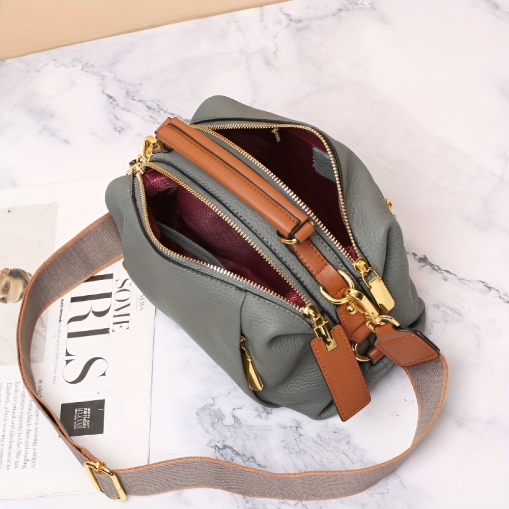 Stylish Genuine Leather Boston Pillow Bag for Women - Versatile Crossbody & Shoulder Handbag with Golden-Toned Hardware, Black/Brown/White/Cream/Dark Blue Options, Perfect for Everyday Use, Secure Travel Purse | Chic Leather Bag | Strap Detailing