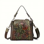 [Floral Leather Crossbody] Vintage Floral Embossed Genuine Leather Women’s Crossbody Bag - Adjustable Strap, Lightweight, Zip Closure, Lined, Brown/Green, Intricate Red Rose & Green Leaf Design, Multiple Compartments, Urban Style Accessory | Embossed Leather Bag | Genuine