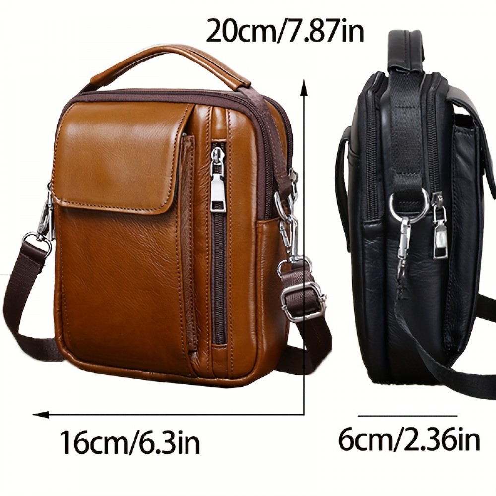 Men'S Genuine Leather Crossbody Bag - Adjustable Strap, Multiple Compartments, Zipper Closure, Black & Brown Options, Perfect for Everyday Use, Secure Travel Bag |