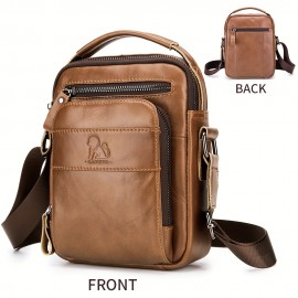 Double-layer business crossbody bag, portable shoulder bag casual bag, unisex Genuine Leather crossbody, top layer Genuine Leather square bag, Genuine Leather single-shoulder handbag