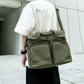 Large Capacity Canvas Multi Pockets Retro Casual Flip Handheld Bag, Fashionable Men's One Shoulder Tote Bag & Durable Backpack for Short-term Travel and Camping