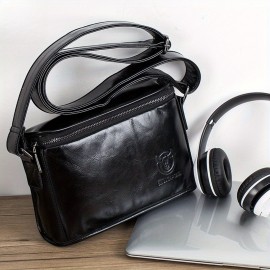 Men's Full-Grain Cowhide Leather Crossbody Bag - Adjustable Strap, Golden-Tone Hardware & Snap Closure, iPad & Phone Compartment - Retro Casual & Business Multifunctional Small Square Shoulder Bag (Black, Durable Everyday Carry)